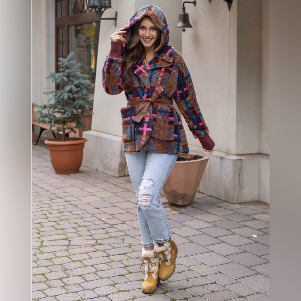 Fleece Jewel Plaid Wrap Jacket | Multi Fleece Plaid Wrap Jacket L/XL - Picture 3 of 12
